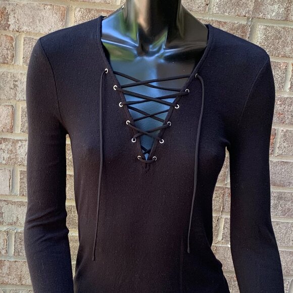 Express Tops - Express Ribbed Lace-Up V-Neck Long Sleeve Top